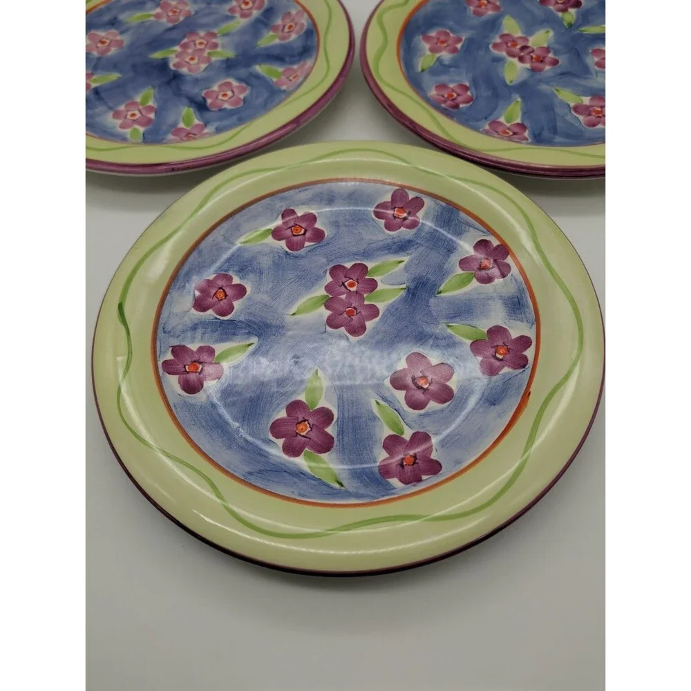 3 Vtg CIC Coupe Dinner Plates  Green Rim Pink Flowers Spring Summer Floral